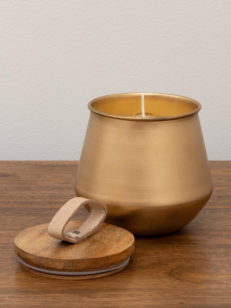 Candle in gold pot with wood and leather lid - 4