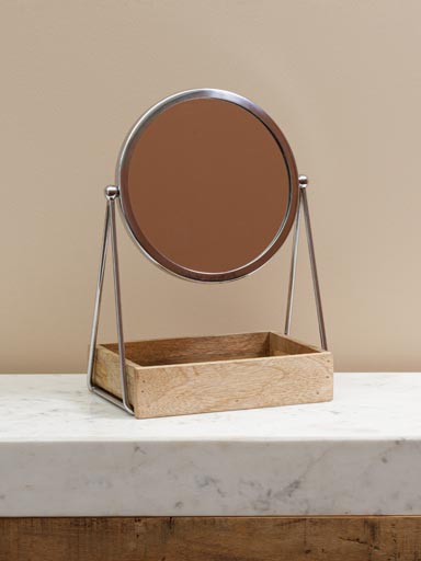 Round vanity mirror with wooden tray