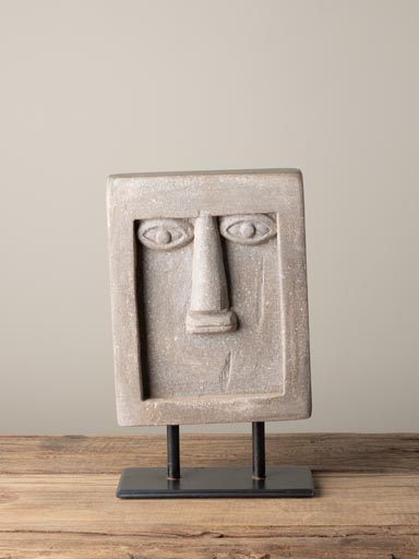 Large Moaï head greyish wood on iron stand