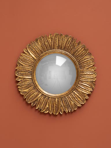 Wooden convex mirror golden-copper feathers