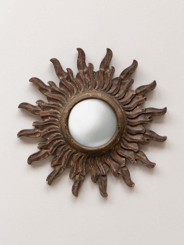 Wooden convex mirror brown patina sun - 1