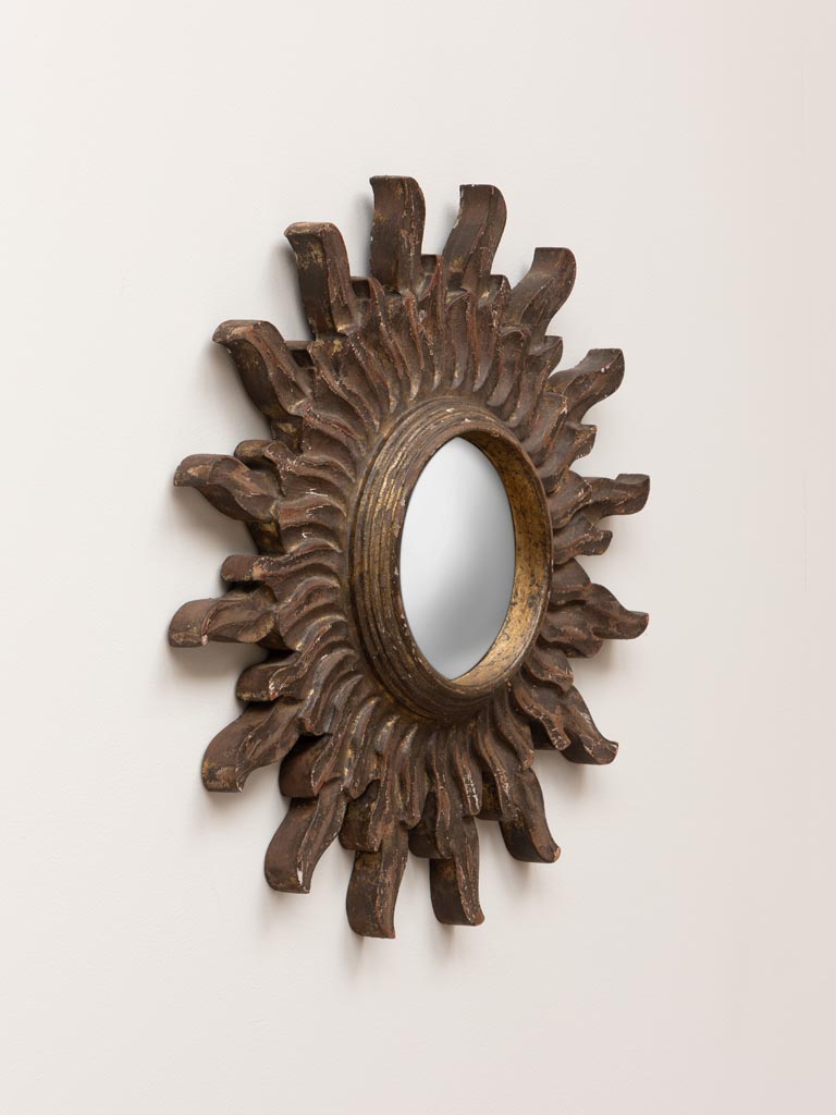 Wooden convex mirror brown patina sun - 5