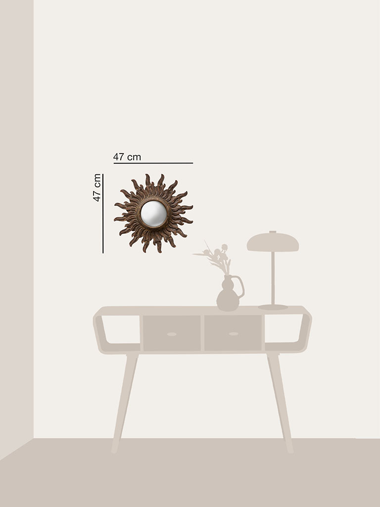 Wooden convex mirror brown patina sun - 4