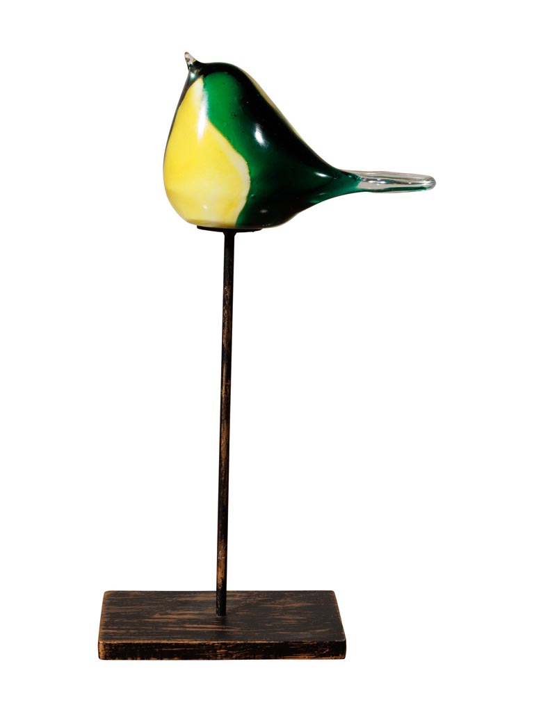 Oiseau jaune et vert en verre sur pied - 2