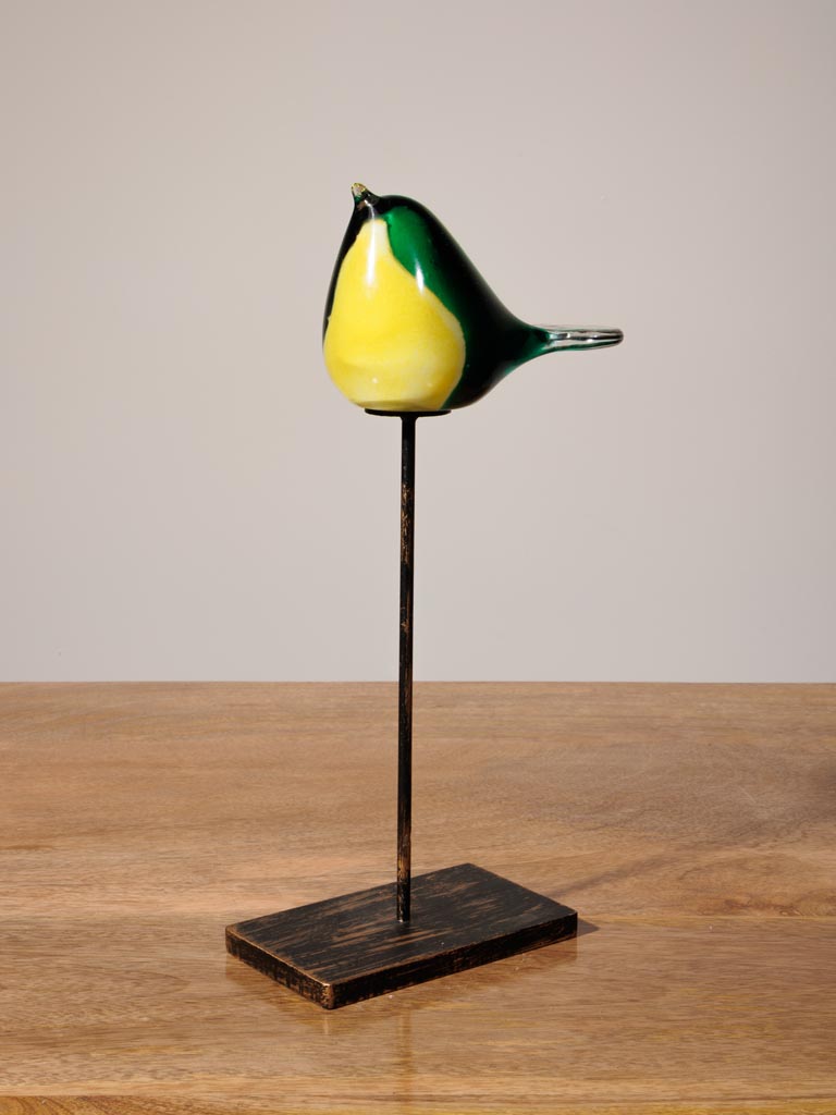 Oiseau jaune et vert en verre sur pied - 3