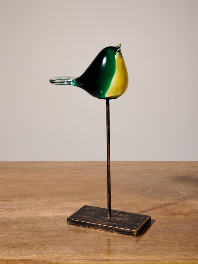 Oiseau jaune et vert en verre sur pied - 5
