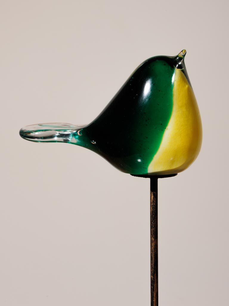 Oiseau jaune et vert en verre sur pied - 4