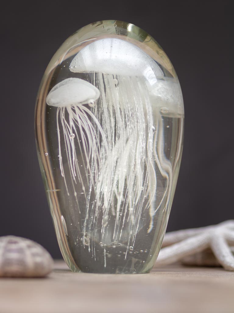 Glass paperweight w/ 3 white jellyfishes. - 1