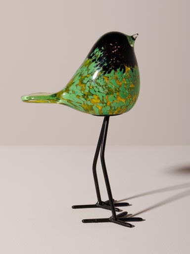 Black flecked green bird on feet