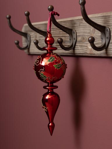 Hanging red finial ornament with holly