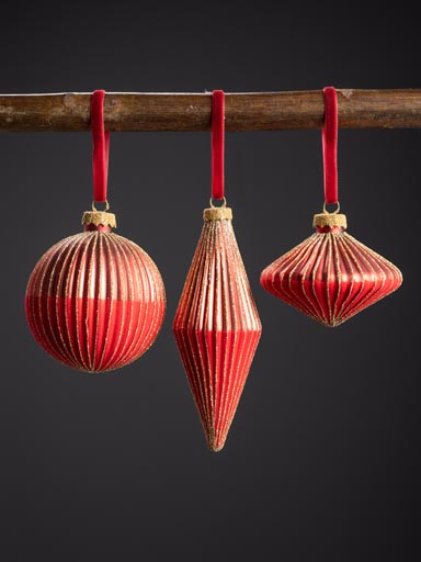 S/3 red xmas balls with golden stripes
