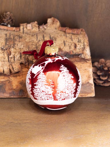 Red Xmas ball with snowy decor