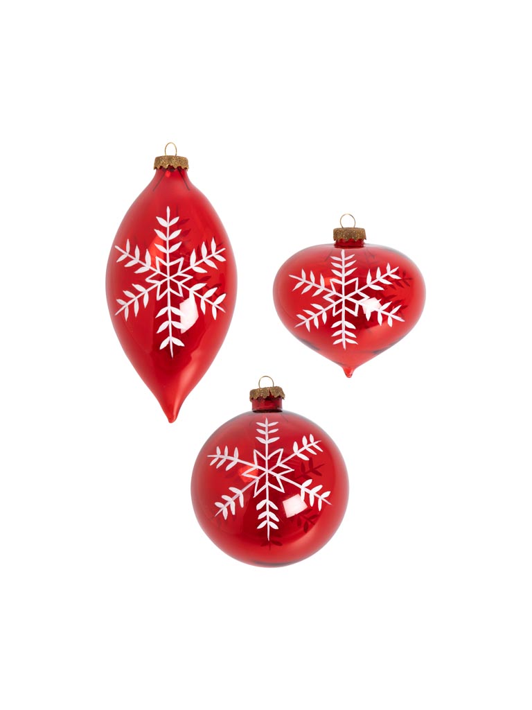 S/3 red Xmas balls with white snowflake - 2