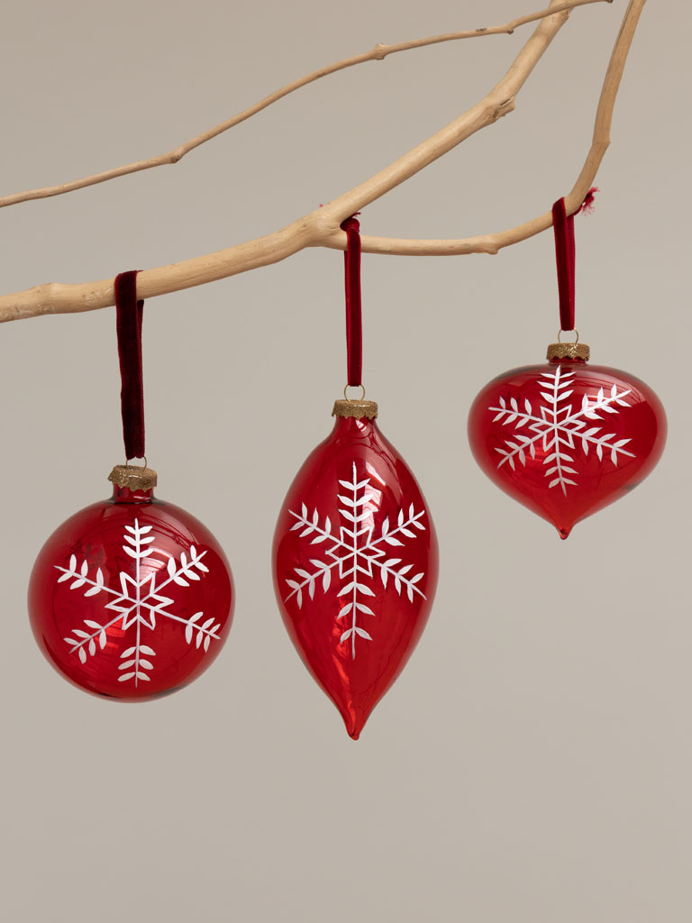 S/3 red xmas balls with white snowflake - 1