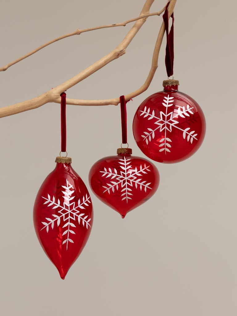 S/3 red Xmas balls with white snowflake - 3
