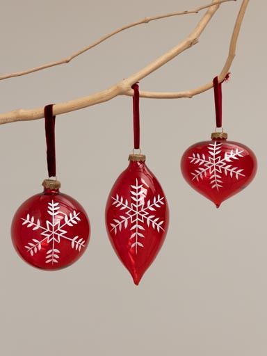 S/3 red Xmas balls with white snowflake