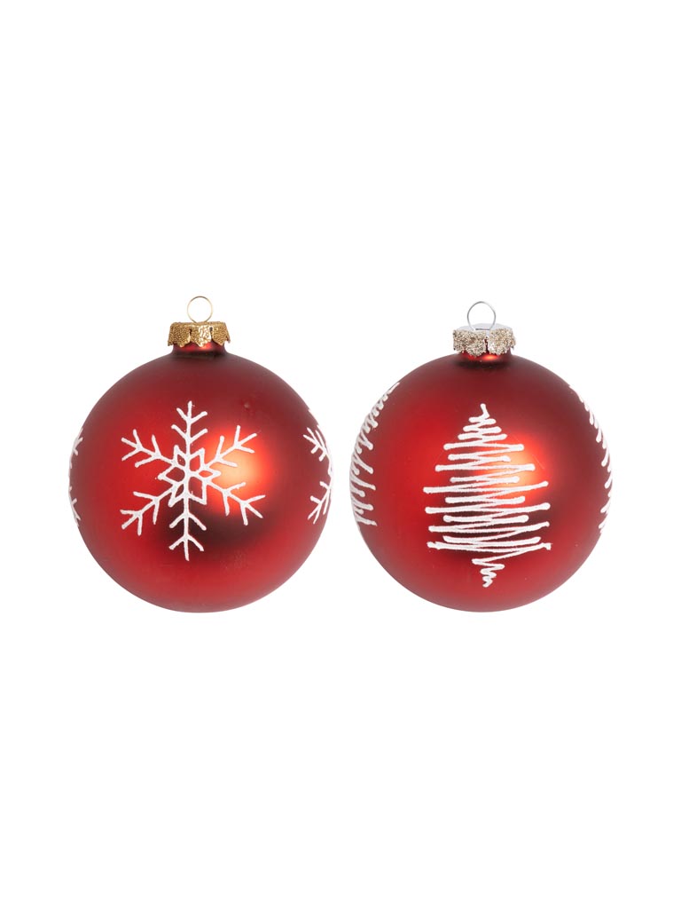 S/2 red Xmas balls with white tree & snowflake - 2