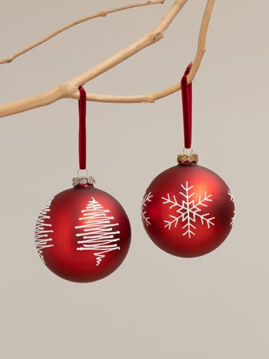 S/2 red Xmas balls with white tree & snowflake