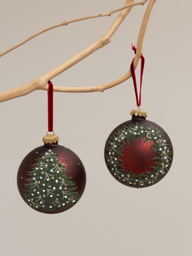 S/2 burgundy xmas balls with green decor