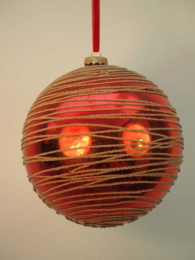 Red xmas ball golden stripes 15cm