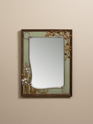 Miroir Art nouveau vert et feuilles d'or