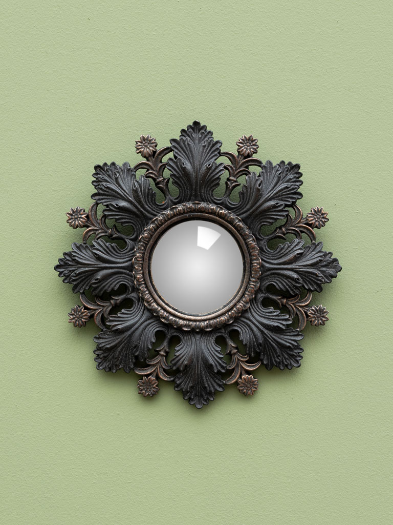 Miroir convexe feuilles noires et fleurs - 1