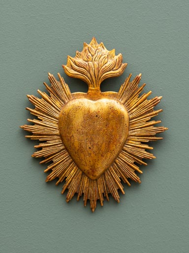 Ex-voto coeur & flamme résine dorée