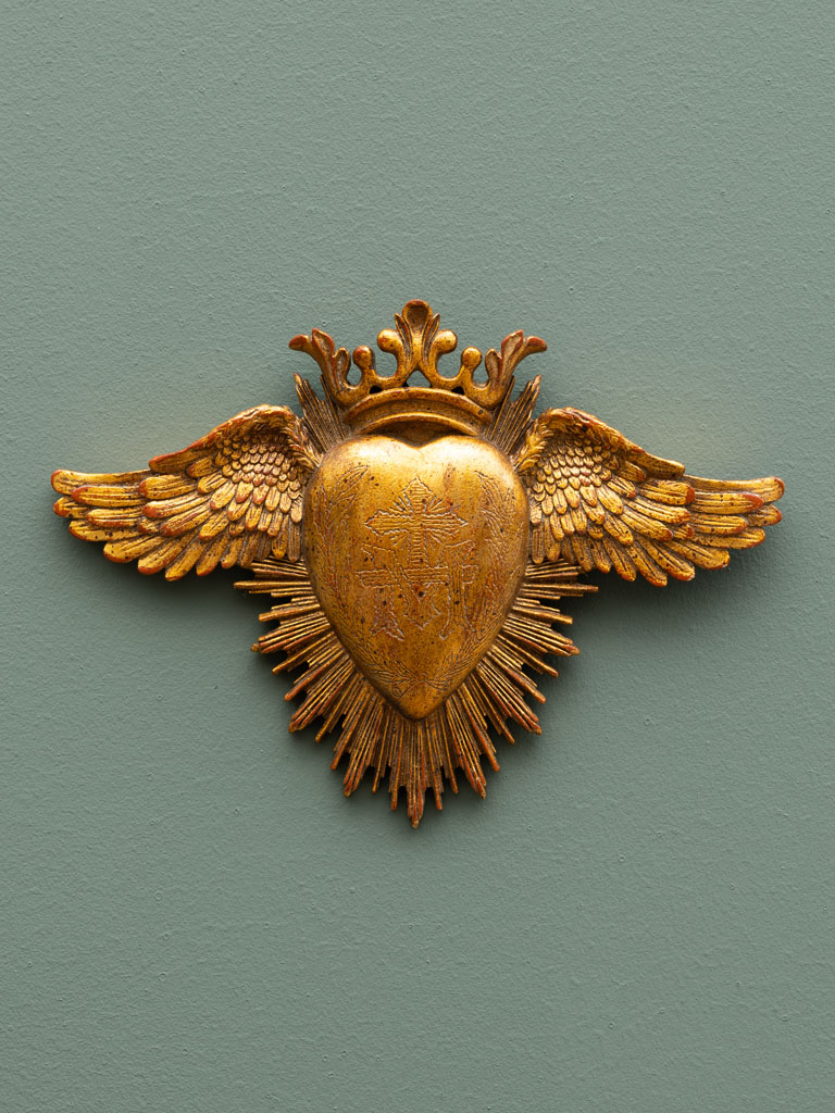 Ex-voto heart & wings golden resin - 1