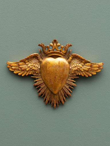 Ex-voto heart & wings golden resin