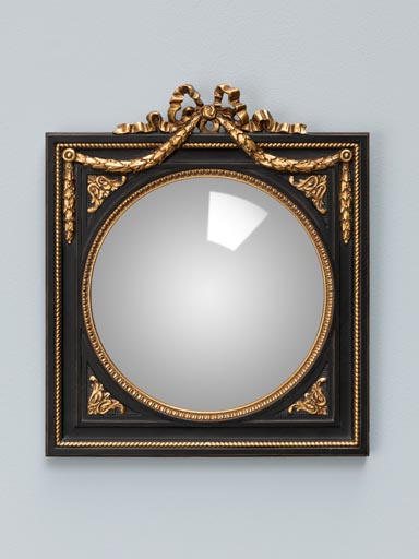 Convex mirror in black square frame with garland