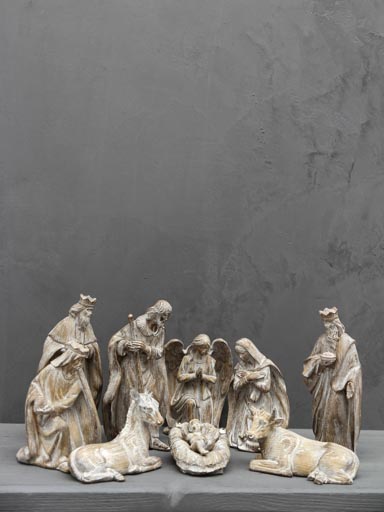 Nativity set white patina resin (9pièces)