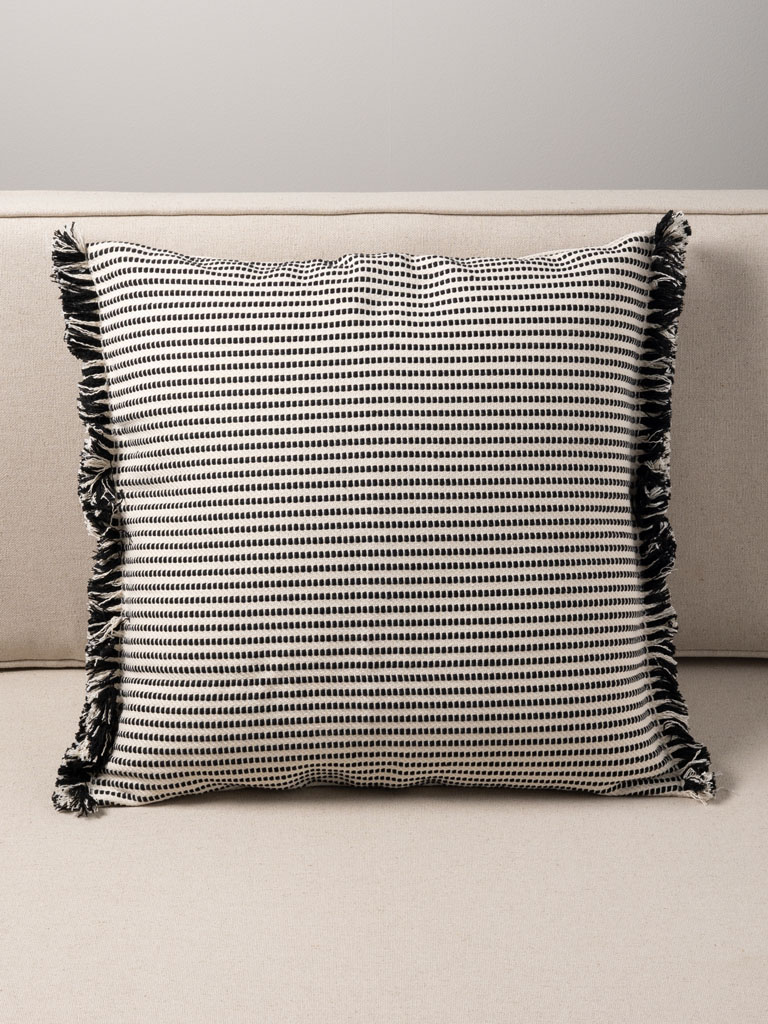 Black & white cushion with small fringes - 1