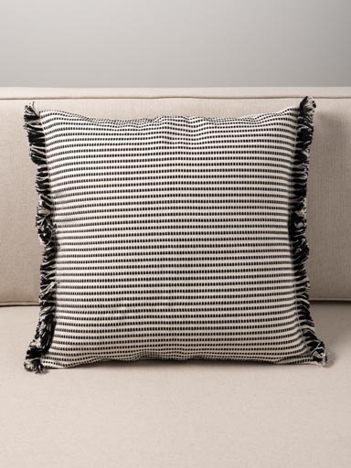 Coussin ligné noir et blanc petites franges