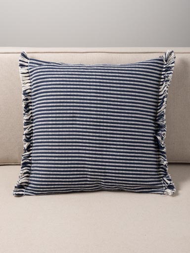Blue & white cushion with small fringes