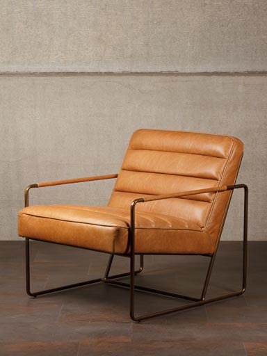Cognac leather armchair square armrests Makine