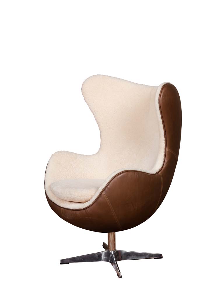 Eggchair white sheep skin & leather Tenzing - 4