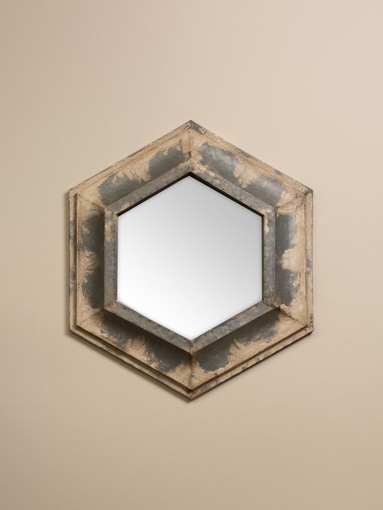 Miroir mural hexagone patine zinc blanchi - 1