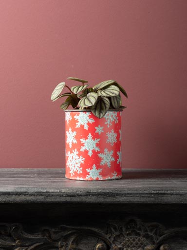 Small red planter zinc patina with snowflakes