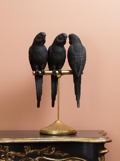 Perchoir doré et 3 perroquets noirs