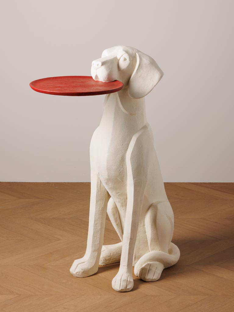 White dog with red tray pedestal - 1