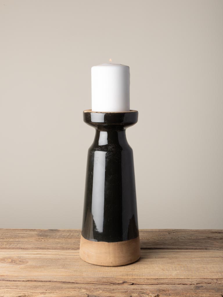 Large candle holder stoneware black & natural - 1