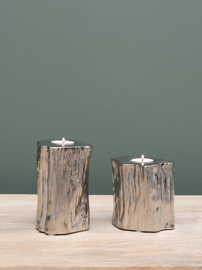 Tealight holder silver ceramic log - 3