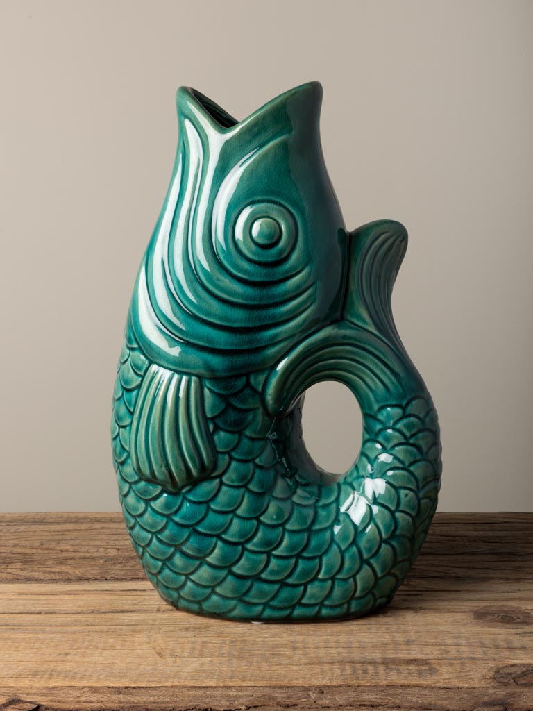 Blue stoneware fish vase - 1