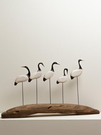 Family of 5 stilt birds on riverbank