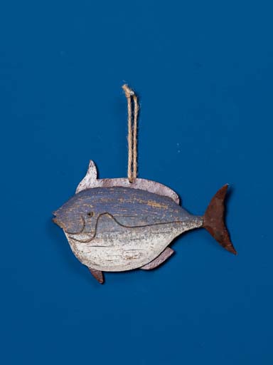 Hanging blue fish with metal fins