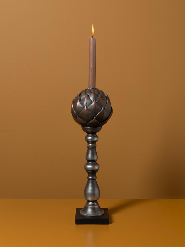 Large black patina artichoke candlestick - 1