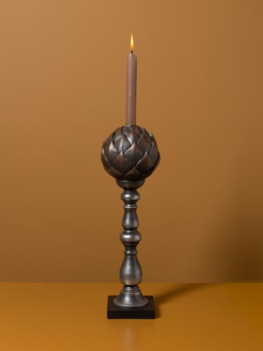 Large black patina artichoke candlestick