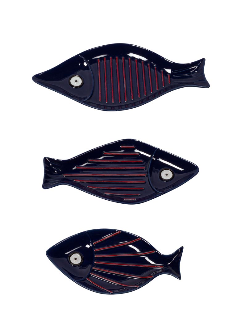 S/3 plats poissons bleu et arrêtes rouges - 2