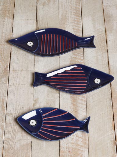 S/3 plats poissons bleu et arrêtes rouges